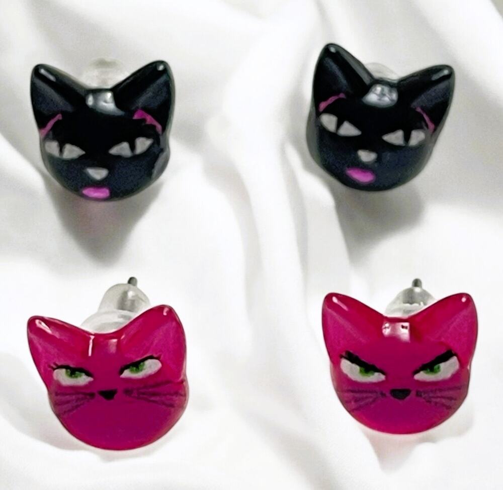 Black & Bright Pink Acrylic Cat Head Outline Stud Earrings-NWOT